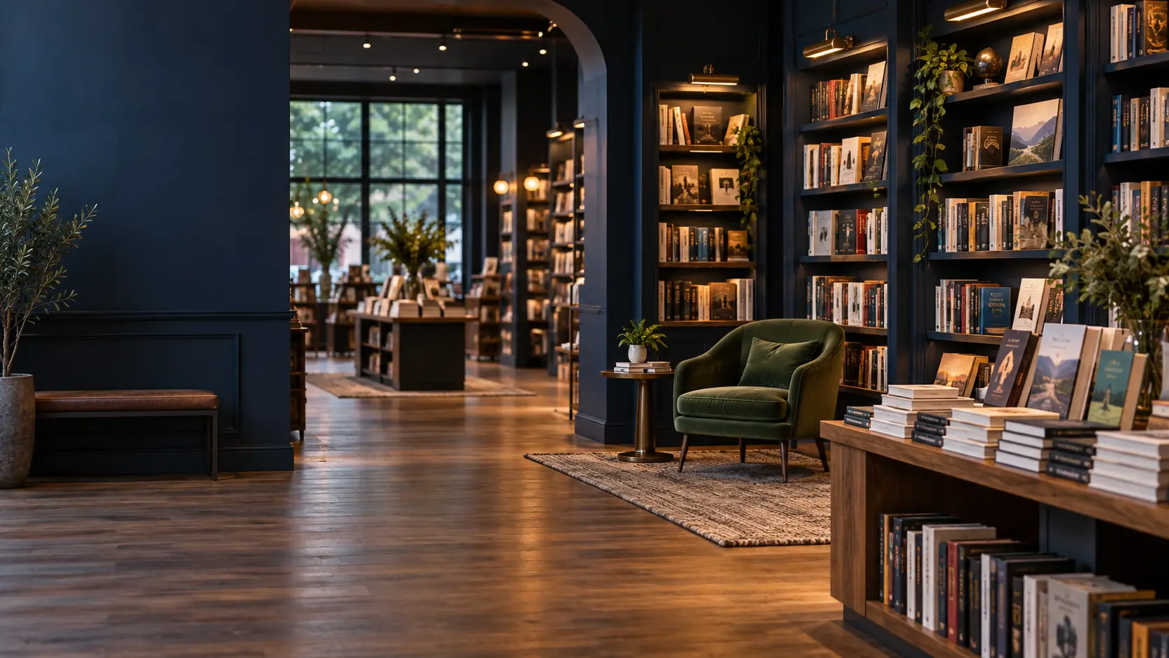 Warm, modern BookNest interior with shelves of books